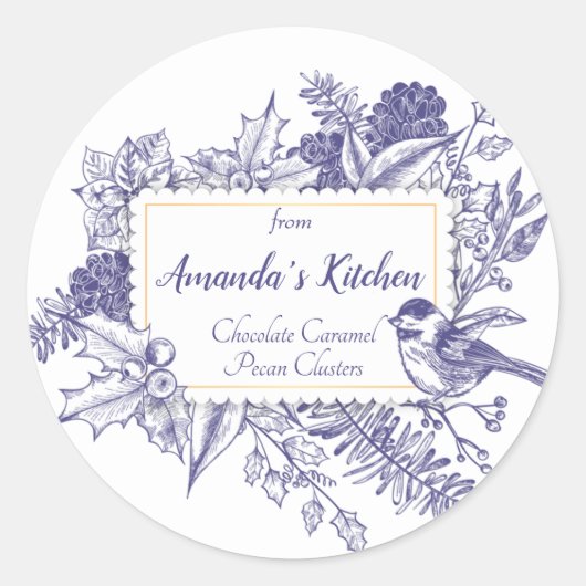 ヴィンテージクリスマストイレバードパインコーン ラウンドシール (正面)