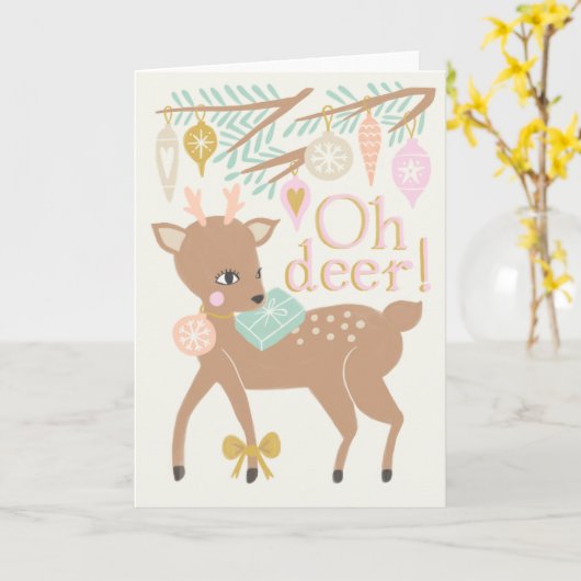 ヴィンテージクリスマストインデナークリームピンクイラストレーション カード (黄色い花)