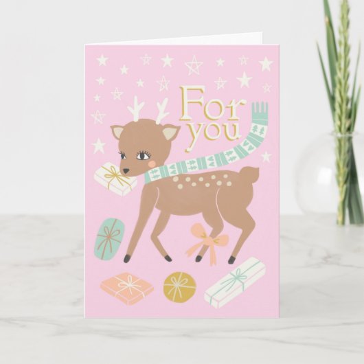 ヴィンテージクリスマストインデナーピンク金ゴールドイラストレーション カード (正面)