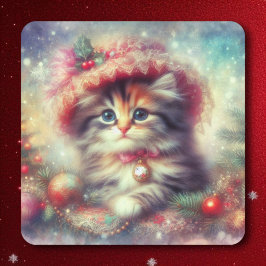 ヴィンテージクリスマスハットのかわいい猫 スクエアシール