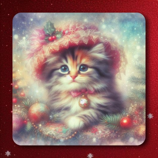 ヴィンテージクリスマスハットのかわいい猫 スクエアシール
