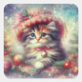 ヴィンテージクリスマスハットの可愛い猫 スクエアシール (正面)