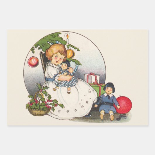 ヴィンテージクリスマスハッピーガール遊ズと人形 ラッピングペーパーシート (正面3)