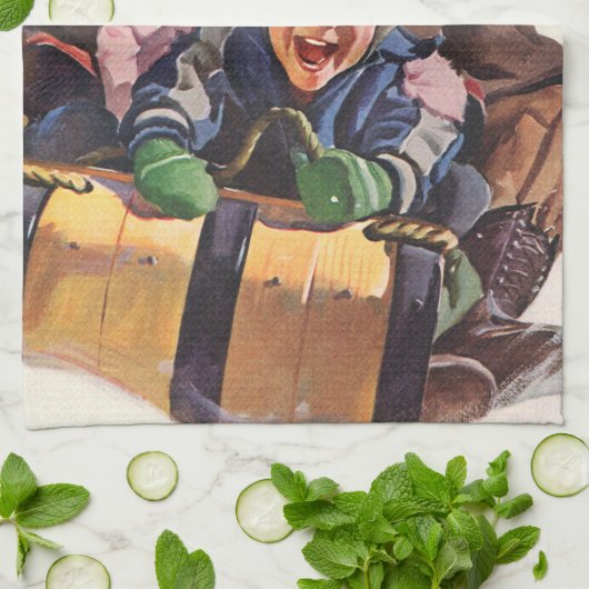 ヴィンテージクリスマスハッピーファミリートボガンスレディング キッチンタオル (折り畳み)