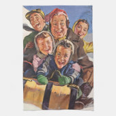 ヴィンテージクリスマスハッピーファミリートボガンスレディング キッチンタオル (縦)