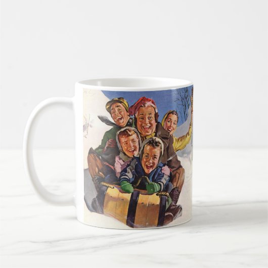 ヴィンテージクリスマスハッピーファミリートボガンスレディング コーヒーマグカップ (左)