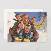 ヴィンテージクリスマスハッピーファミリートボガンスレディング シーズンポストカード (正面/裏面)