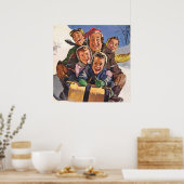 ヴィンテージクリスマスハッピーファミリートボガンスレディング ポスター (キッチン)