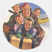 ヴィンテージクリスマスハッピーファミリートボガンスレディング ラウンドシール (正面)