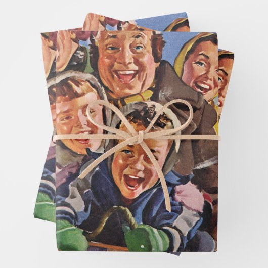 ヴィンテージクリスマスハッピーファミリートボガンスレディング ラッピングペーパーシート (インサイチュ)