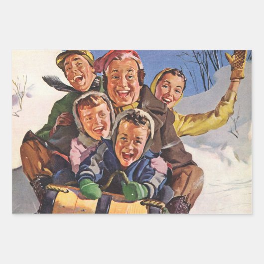 ヴィンテージクリスマスハッピーファミリートボガンスレディング ラッピングペーパーシート (正面)