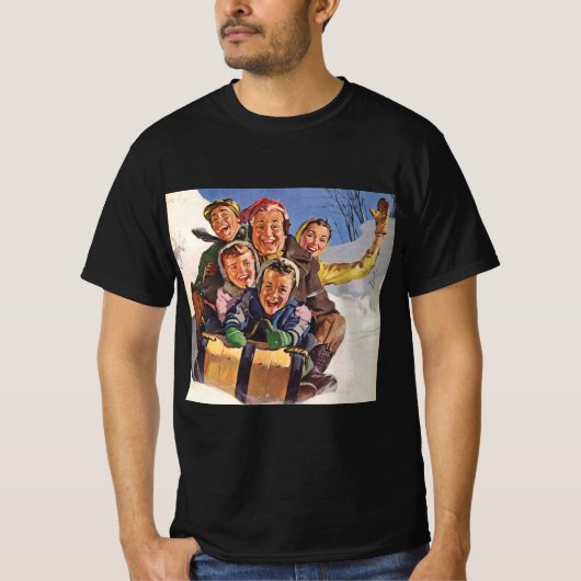 ヴィンテージクリスマスハッピーファミリートボガンスレディング Tシャツ (正面)