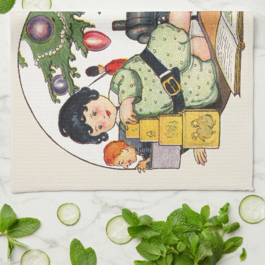 ヴィンテージクリスマスハッピーボーイ遊ズのおもちゃつき キッチンタオル (折り畳み)