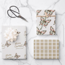 ヴィンテージクリスマスバタフライレッドと金ゴールド ラッピングペーパーシート