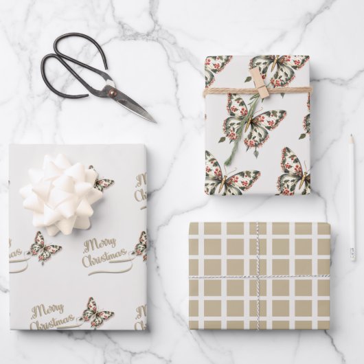 ヴィンテージクリスマスバタフライレッドと金ゴールド ラッピングペーパーシート (正面)