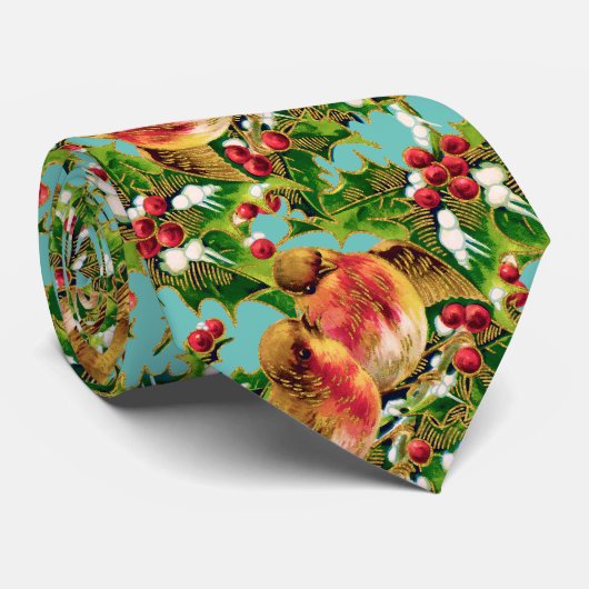 ヴィンテージクリスマスバーズホリーフェイク金ゴールドパターン ネクタイ (ロール)