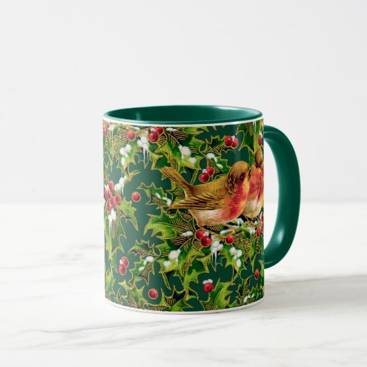 ヴィンテージクリスマスバーズホリーフェイク金ゴールドパターン マグカップ (正面右)