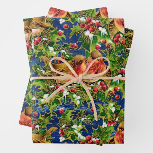ヴィンテージクリスマスバーズホリーフェイク金ゴールドパターン ラッピングペーパーシート (インサイチュ)