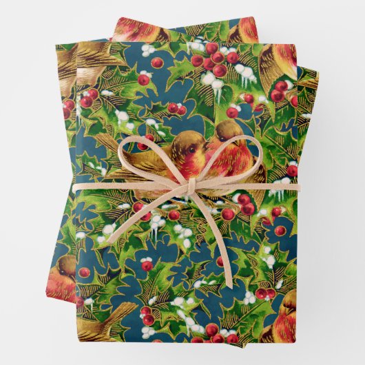 ヴィンテージクリスマスバーズホリーフェイク金ゴールドパターン ラッピングペーパーシート (インサイチュ)