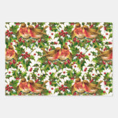 ヴィンテージクリスマスバーズホリーフェイク金ゴールドパターン ラッピングペーパーシート (正面3)
