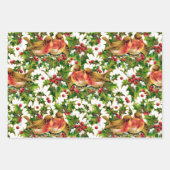 ヴィンテージクリスマスバーズホリーフェイク金ゴールドパターン ラッピングペーパーシート (正面2)