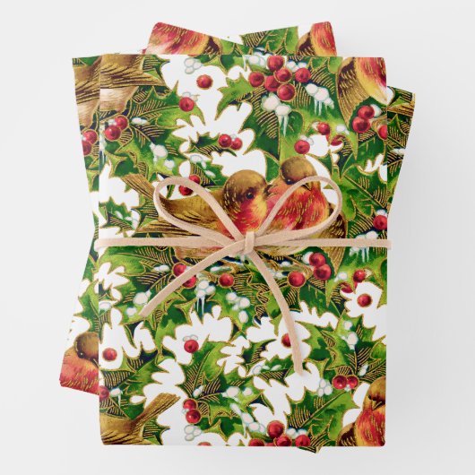 ヴィンテージクリスマスバーズホリーフェイク金ゴールドパターン ラッピングペーパーシート (インサイチュ)
