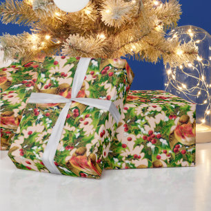 ヴィンテージクリスマスバーズホリーフェイク金ゴールドパターン ラッピングペーパー
