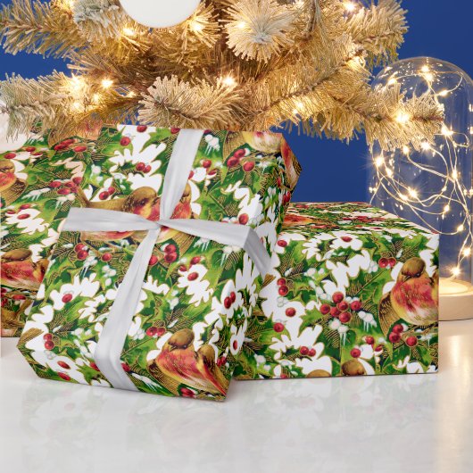 ヴィンテージクリスマスバーズホリーフェイク金ゴールドパターン ラッピングペーパー (クリスマス)