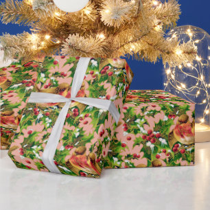 ヴィンテージクリスマスバーズホリーフェイク金ゴールドパターン ラッピングペーパー