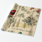 ヴィンテージクリスマスバーズホリーベリー ラッピングペーパー (アンロールド)