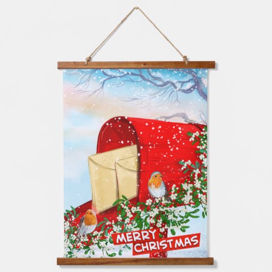 ヴィンテージクリスマスバーズレッドポストボックス雪の冬 吊り下げ型タペストリー (正面)