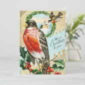 ヴィンテージクリスマスバードとホリー冬の雪 シーズンカード (スタンド正面)