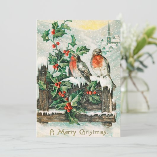 ヴィンテージクリスマスバードとホリー冬の雪 シーズンカード (スタンド正面)