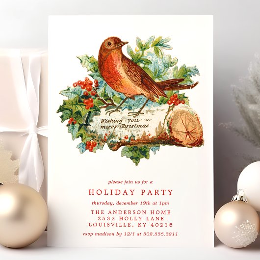 ヴィンテージクリスマスバードホリーレトロホリデーパーティー 招待状