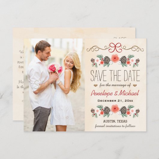 ヴィンテージクリスマスパインコーン日付を保存 案内ポストカード (正面/裏面)