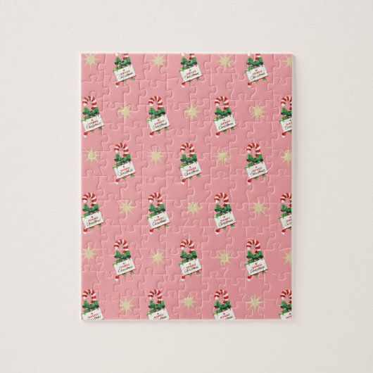 ヴィンテージクリスマスパターン、ピンクのキャンディカン ジグソーパズル (縦)
