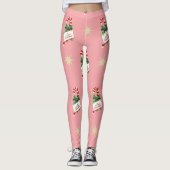 ヴィンテージクリスマスパターン、ピンクのキャンディカン レギンス (正面)