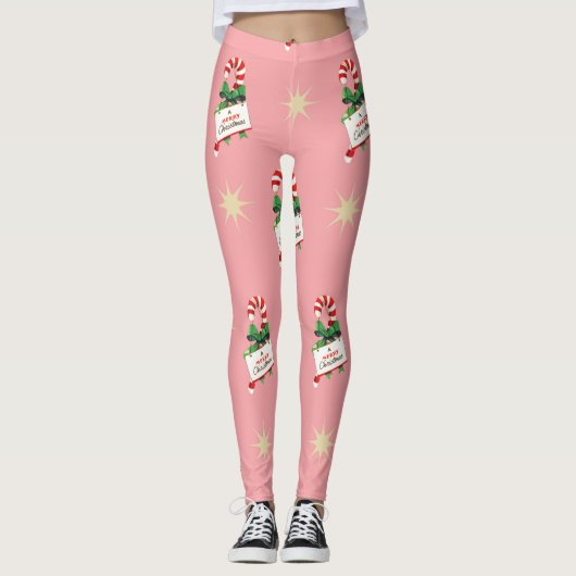 ヴィンテージクリスマスパターン、ピンクのキャンディカン レギンス (正面)
