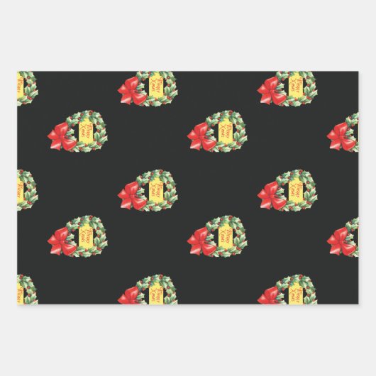 ヴィンテージクリスマスパターン，リースのメリークリスマス ラッピングペーパーシート (正面)