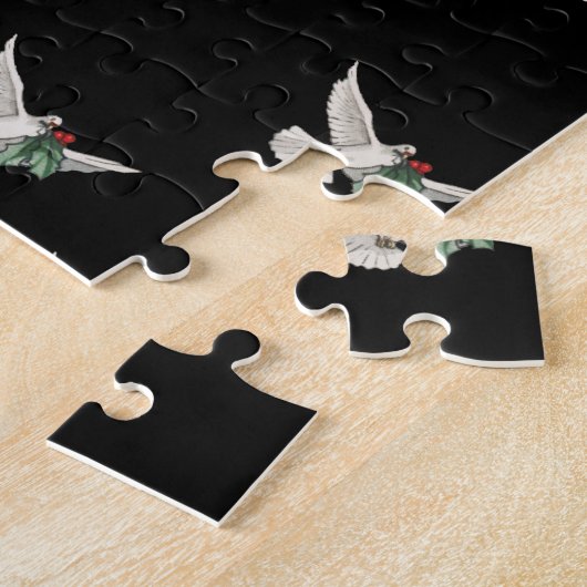 ヴィンテージクリスマスパターン、平和のためのホワイト鳩 ジグソーパズル (側面)