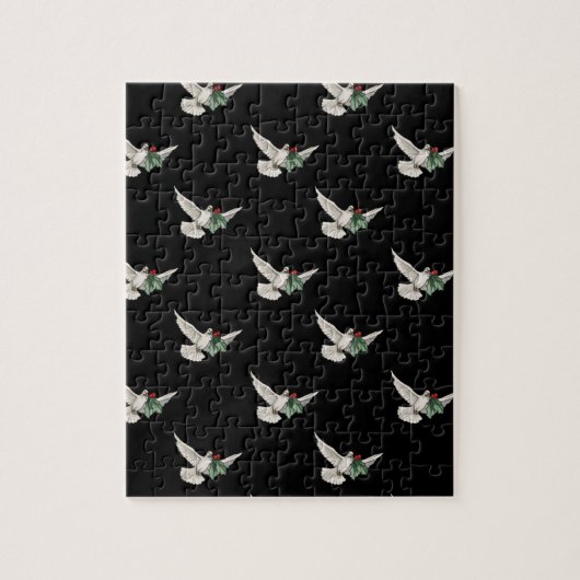 ヴィンテージクリスマスパターン、平和のためのホワイト鳩 ジグソーパズル (縦)