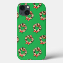 ヴィンテージクリスマスパターン、花のリースがグリーンに iPhone 13ケース