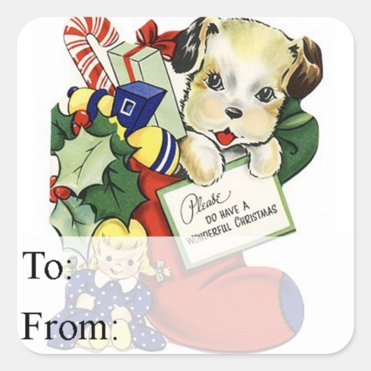ヴィンテージクリスマスパピーinストッキングギフトラベル スクエアシール (正面)