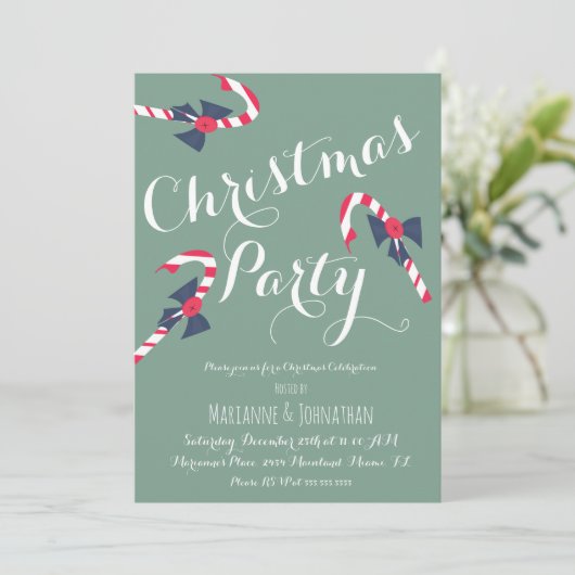 ヴィンテージクリスマスパーティースクリプトキャンディーケーン 招待状 (スタンド正面)