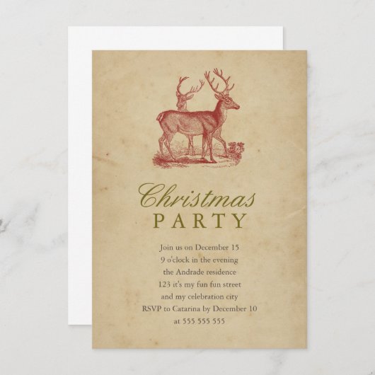 ヴィンテージクリスマスパーティーレッドディアホ素朴リデイ 招待状 (正面/裏面)