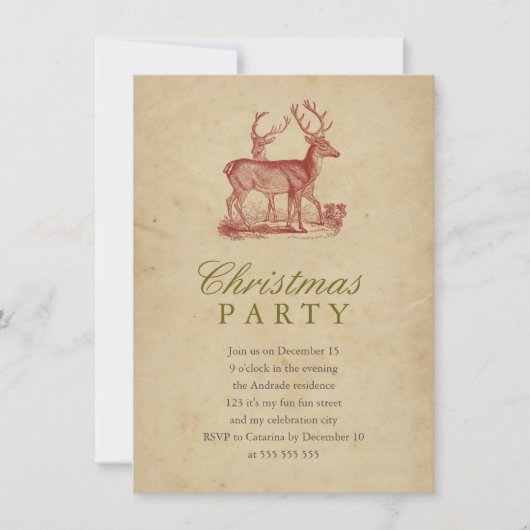 ヴィンテージクリスマスパーティーレッドディアホ素朴リデイ 招待状 (正面)