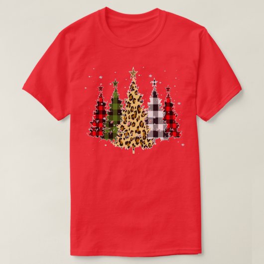 ヴィンテージクリスマスヒョウの木と赤バッファロープラ Tシャツ (デザイン正面)