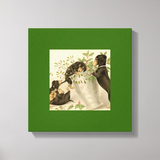 ヴィンテージクリスマスビクトリアンかわいいダックスシャント犬 キャンバスプリント (正面)