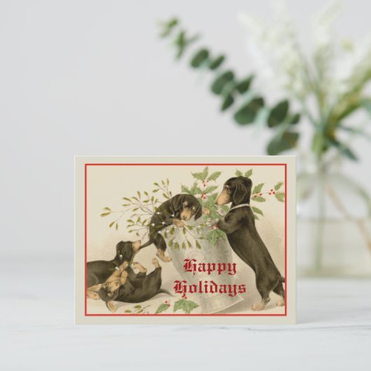 ヴィンテージクリスマスビクトリアンかわいいダックスシャント犬 シーズンポストカード (スタンド正面)