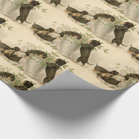 ヴィンテージクリスマスビクトリアンかわいいダックスシャント犬 ラッピングペーパー (角)